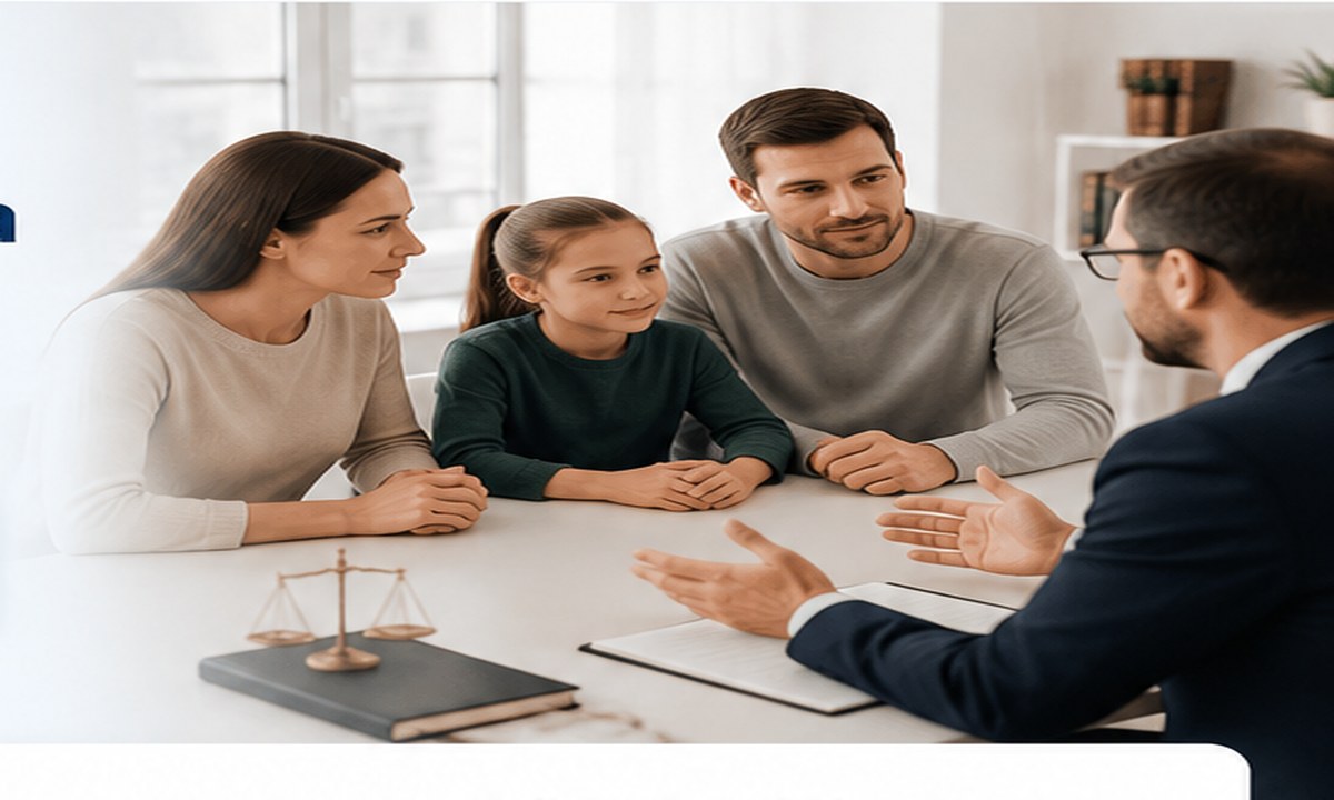 Familia conversando con un profesional