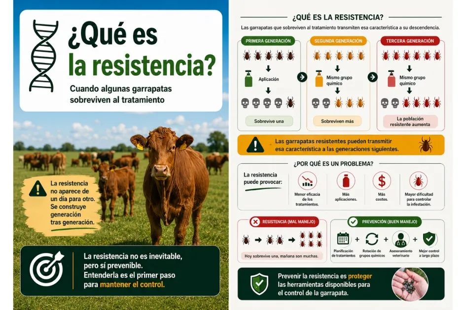 La resistencia no aparece de un día para otro. Se construye generación tras generación, cuando sobreviven las garrapatas menos sensibles a un mismo tratamiento.